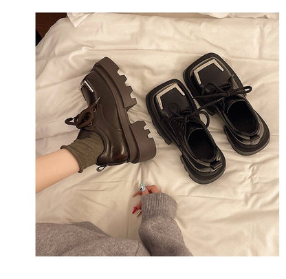 Toe Lace-Up Leather Square Accent Shoes Platform Faux Metal