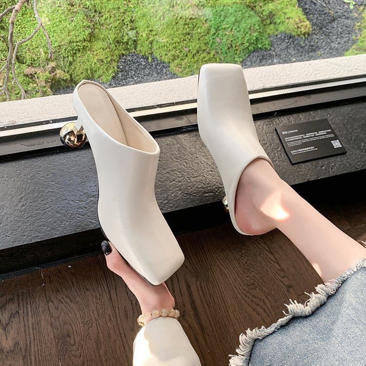 Square Heel Leather Toe Faux Plain Mules High