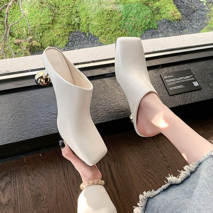 Square Heel Leather Toe Faux Plain Mules High