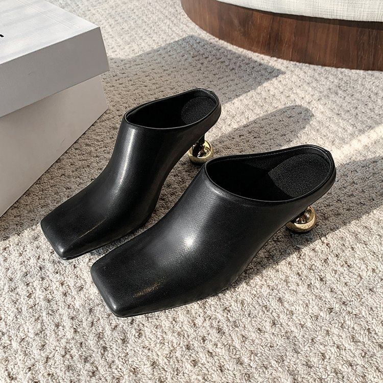 Square Heel Leather Toe Faux Plain Mules High