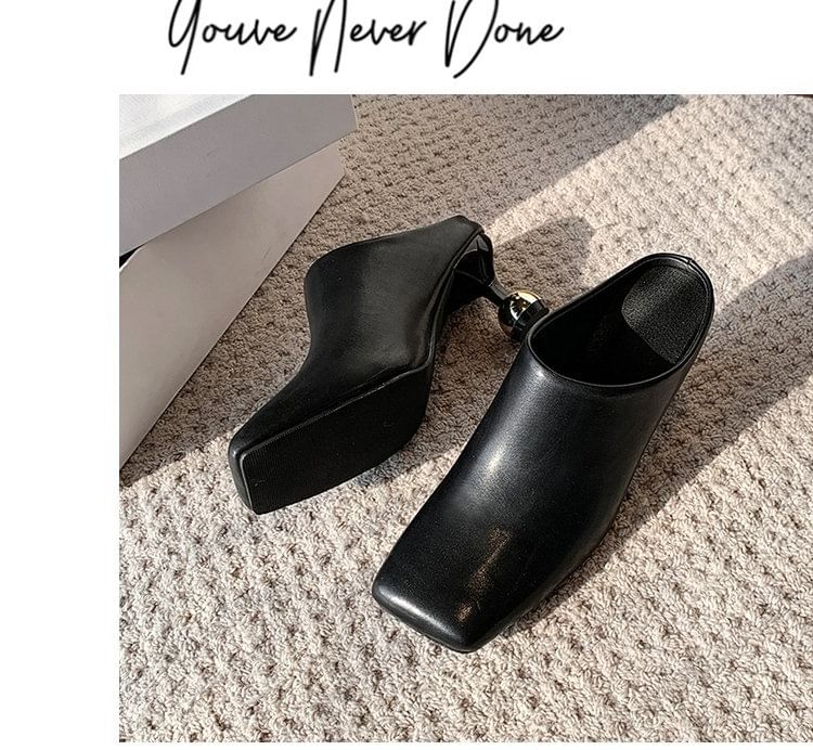 Square Heel Leather Toe Faux Plain Mules High