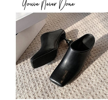 Square Heel Leather Toe Faux Plain Mules High