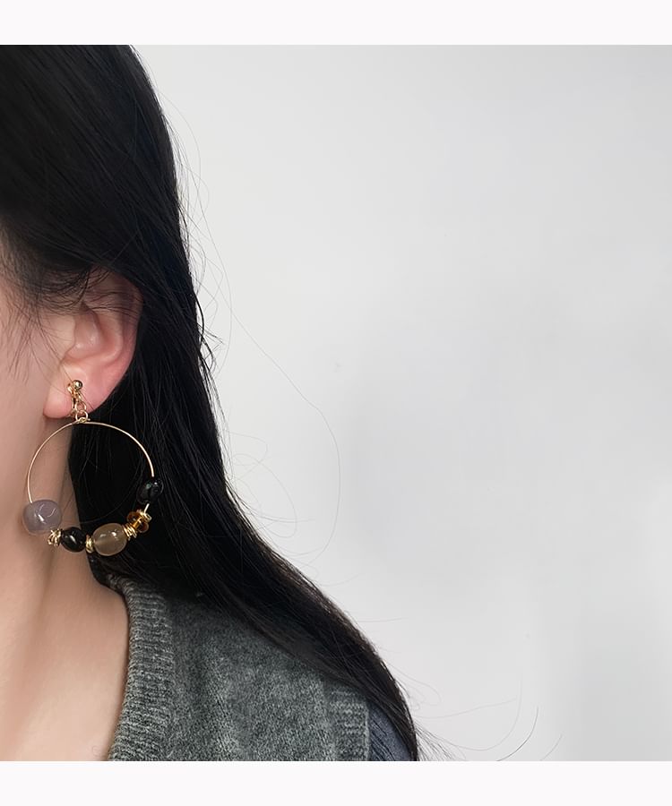 Irregular Beaded Hoop Drop Hook Earring / Clip-On Earring