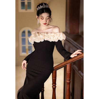 Long-Sleeve Off Shoulder Ruffle Trim Two Tone Mermaid Evening Gown