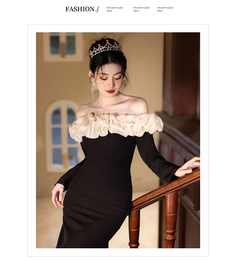 Gown Shoulder Two Ruffle Tone Long-Sleeve Evening Trim Off Mermaid