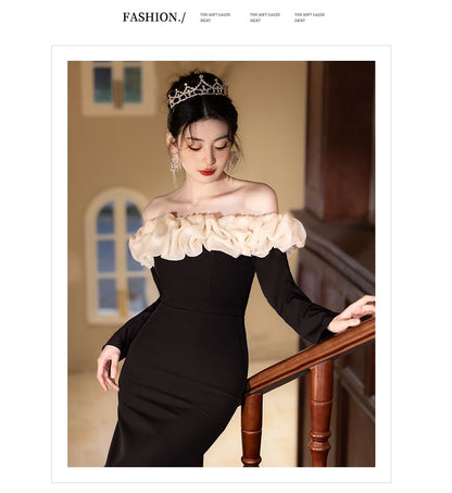 Long-Sleeve Off Shoulder Ruffle Trim Two Tone Mermaid Evening Gown