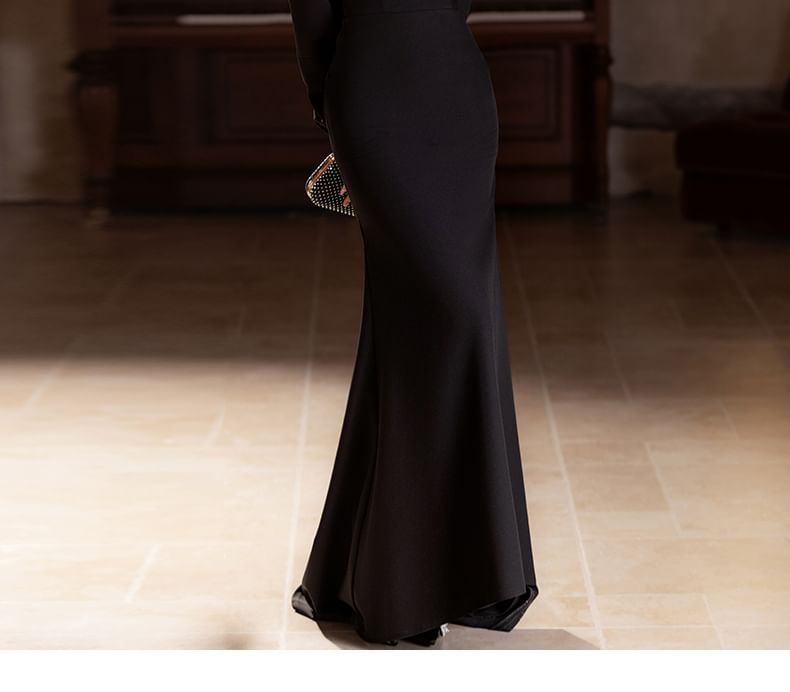 Gown Shoulder Two Ruffle Tone Long-Sleeve Evening Trim Off Mermaid