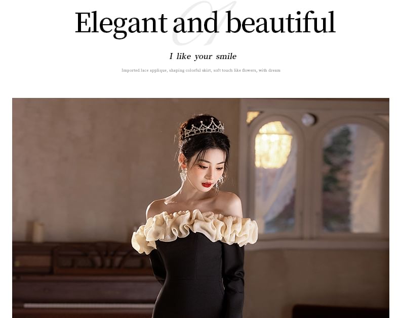 Gown Shoulder Two Ruffle Tone Long-Sleeve Evening Trim Off Mermaid