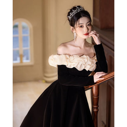 Shoulder A-Line Ruffle Tone Evening Gown Trim Long-Sleeve Two Off