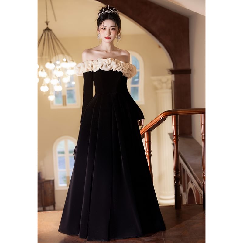 Long-Sleeve Off Shoulder Ruffle Trim Two Tone A-Line Evening Gown