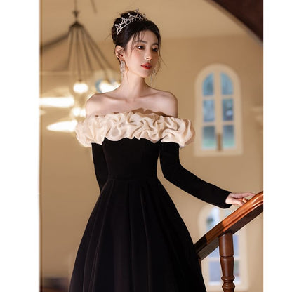 Shoulder A-Line Ruffle Tone Evening Gown Trim Long-Sleeve Two Off