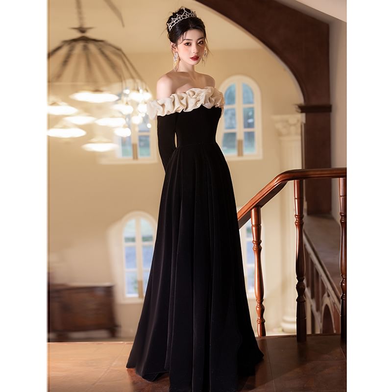 Shoulder A-Line Ruffle Tone Evening Gown Trim Long-Sleeve Two Off