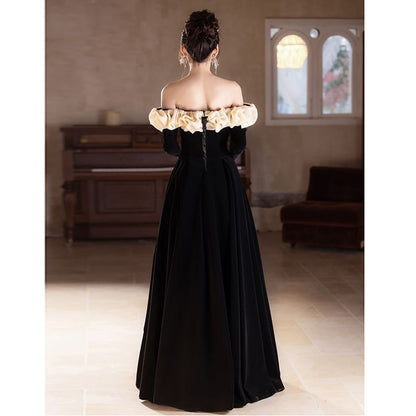Shoulder A-Line Ruffle Tone Evening Gown Trim Long-Sleeve Two Off