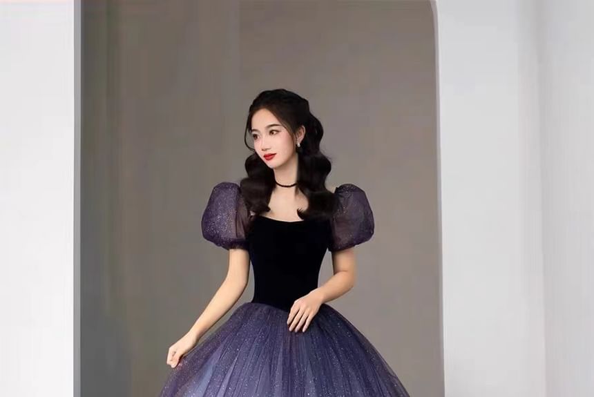 Ball Neck Short Gown Evening Scoop Sleeve Two Glitter Tone