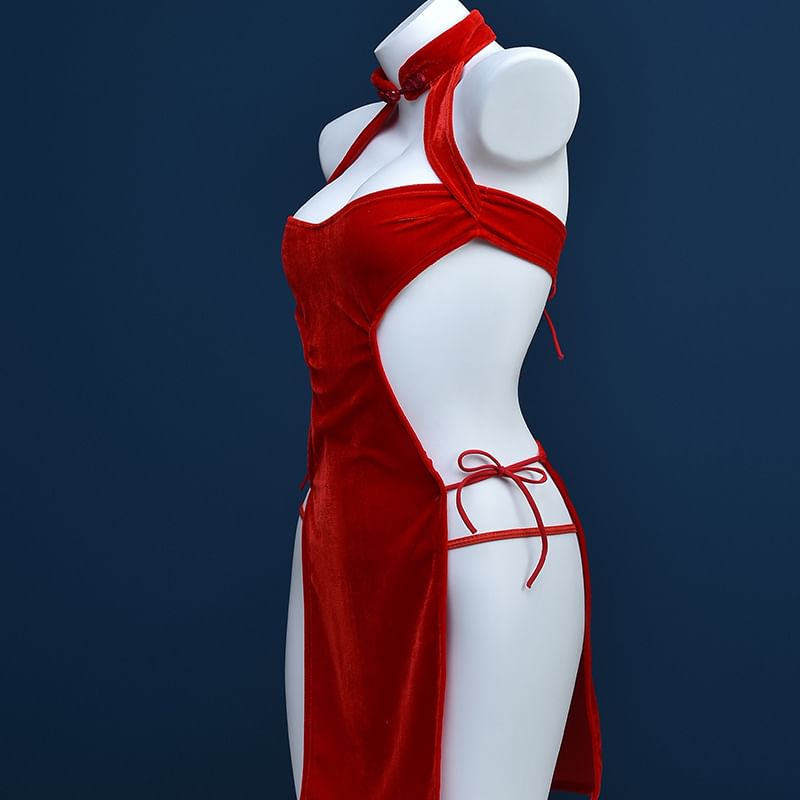 Halter Neck Stand Collar Plain Cutout Slit Nightdress