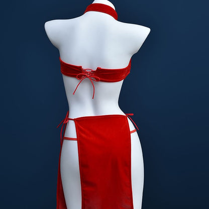 Halter Neck Stand Collar Plain Cutout Slit Nightdress