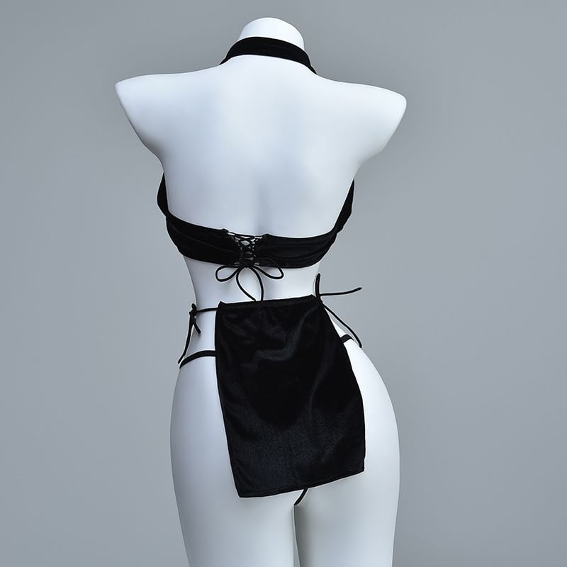 Halter Neck Stand Collar Plain Cutout Slit Nightdress