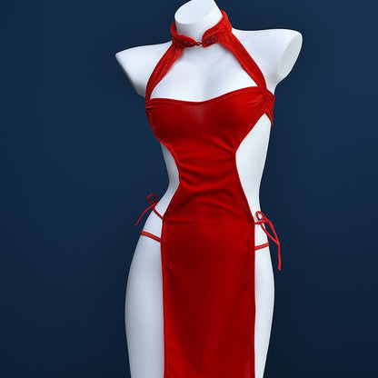 Halter Neck Stand Collar Plain Cutout Slit Nightdress