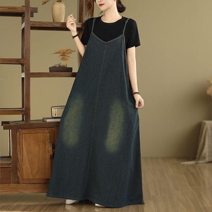 V-Neck Washed Denim Maxi A-Line Dress with Spaghetti Straps