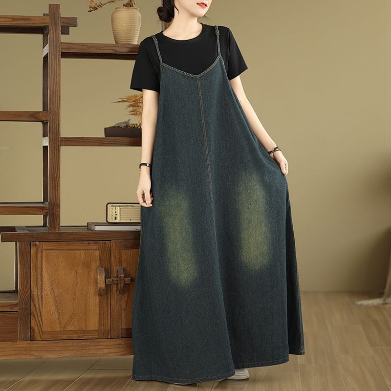 V-Neck Washed Denim Maxi A-Line Dress with Spaghetti Straps
