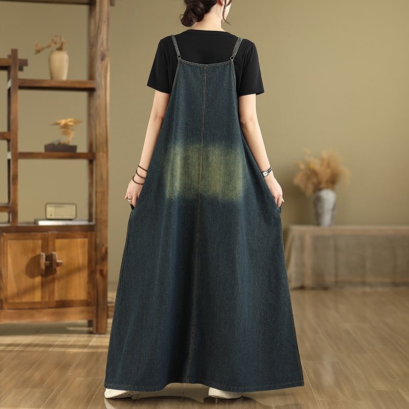 V-Neck Washed Denim Maxi A-Line Dress with Spaghetti Straps