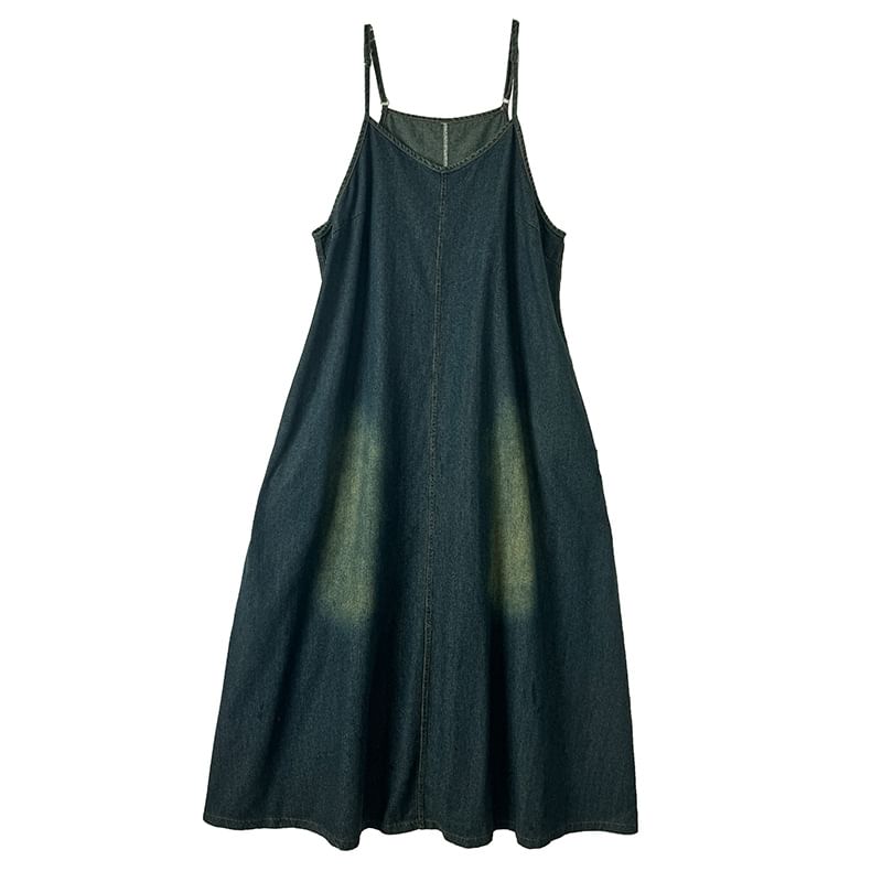 V-Neck Washed Denim Maxi A-Line Dress with Spaghetti Straps