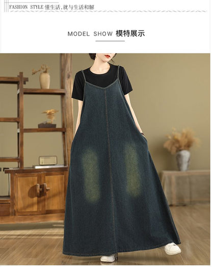 V-Neck Washed Denim Maxi A-Line Dress with Spaghetti Straps