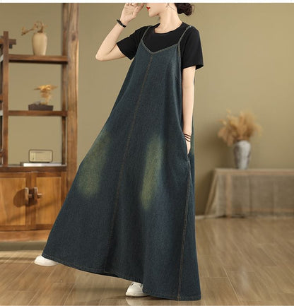V-Neck Washed Denim Maxi A-Line Dress with Spaghetti Straps