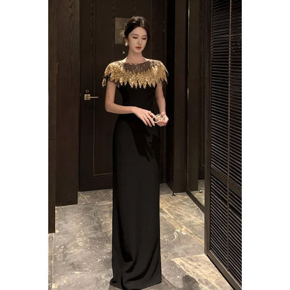 Cap-Sleeve Round Neck Sequin Panel Maxi Sheath Evening Dress