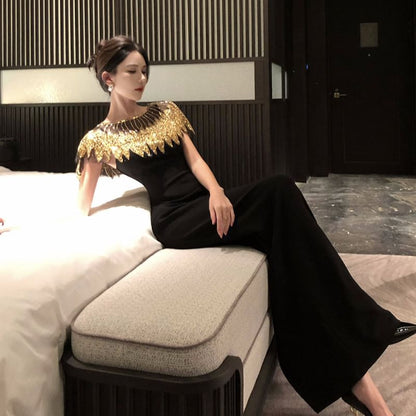 Cap-Sleeve Round Neck Sequin Panel Maxi Sheath Evening Dress