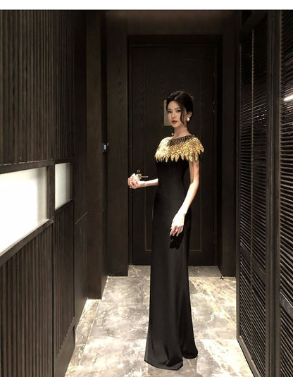 Cap-Sleeve Round Neck Sequin Panel Maxi Sheath Evening Dress