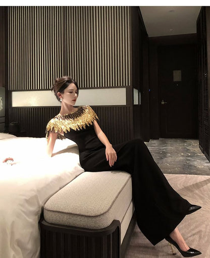 Cap-Sleeve Round Neck Sequin Panel Maxi Sheath Evening Dress