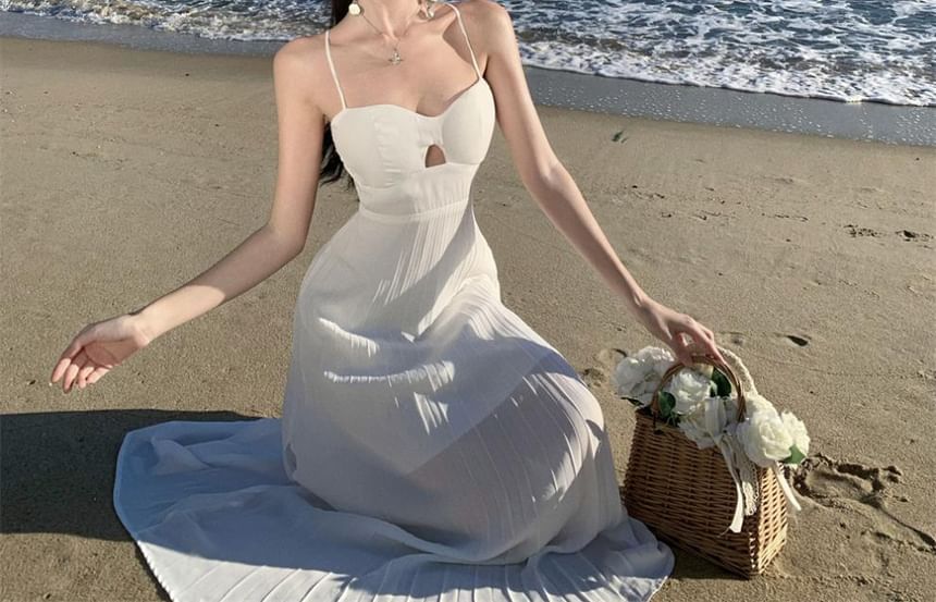 Cutout Accordion Pleated Midi A-Line Dress with Spaghetti Straps