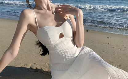Cutout Accordion Pleated Midi A-Line Dress with Spaghetti Straps