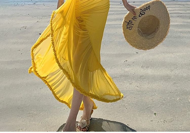 Asymmetric Ruffle Trim Sheath Maxi Dress with Slit and Spaghetti Straps