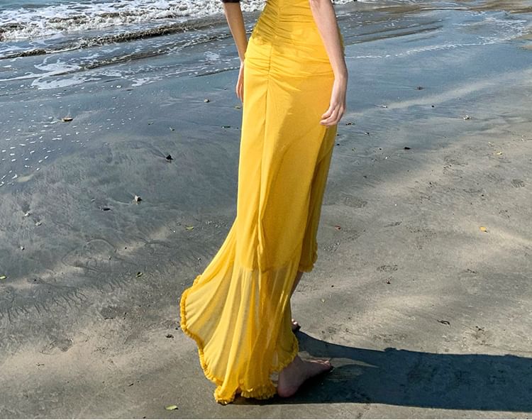 Asymmetric Ruffle Trim Sheath Maxi Dress with Slit and Spaghetti Straps
