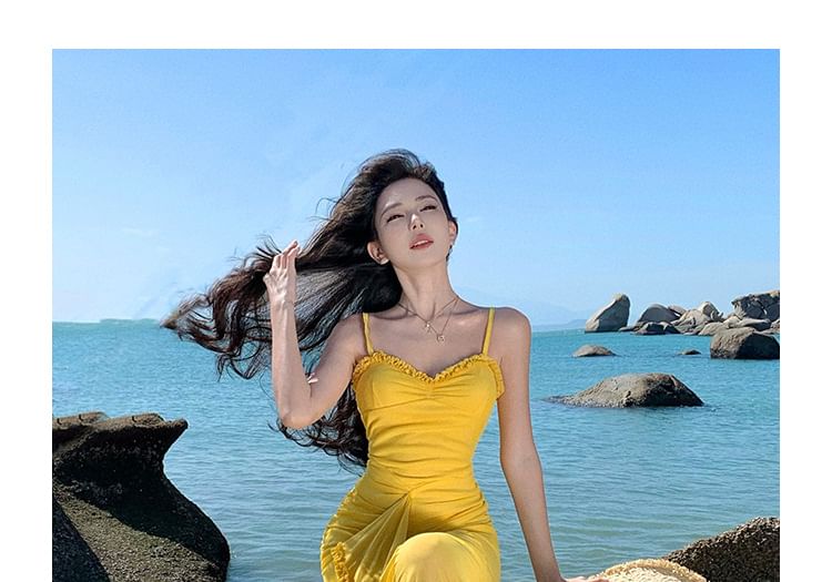 Asymmetric Ruffle Trim Sheath Maxi Dress with Slit and Spaghetti Straps