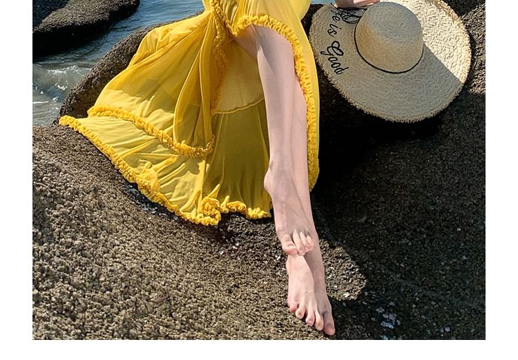 Asymmetric Ruffle Trim Sheath Maxi Dress with Slit and Spaghetti Straps