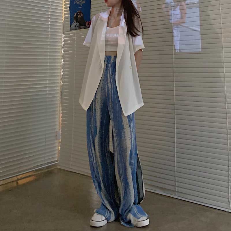 High Rise Patterned Print Pleated Wide Leg Pants