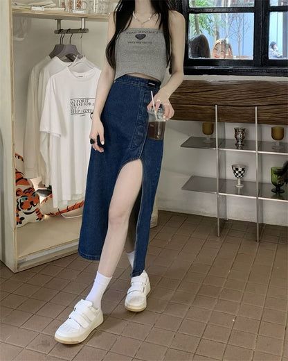 High Rise Washed Asymmetrical Midi Pencil Denim Skirt