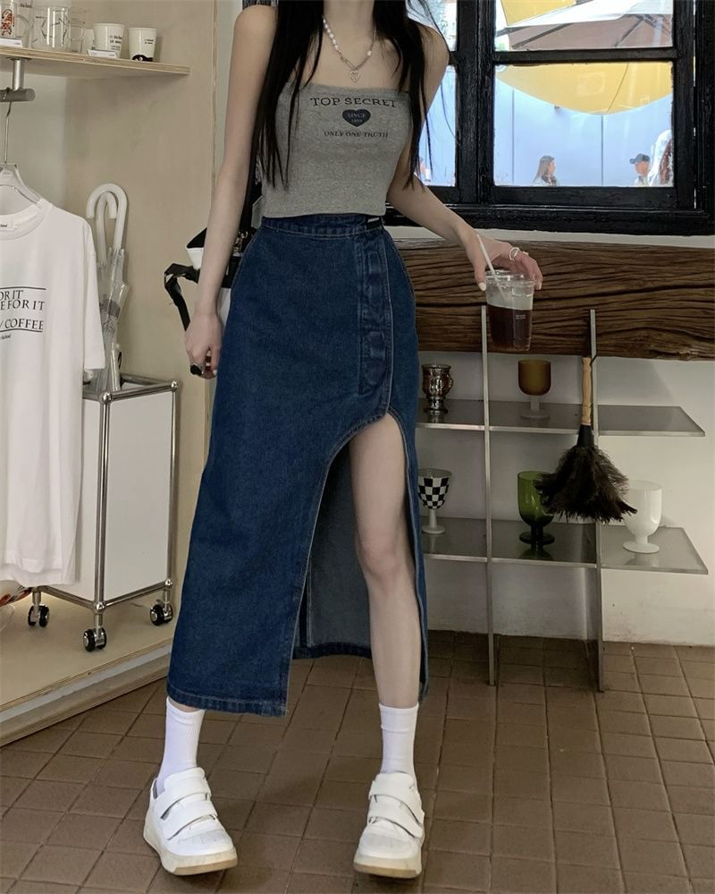 High Rise Washed Asymmetrical Midi Pencil Denim Skirt