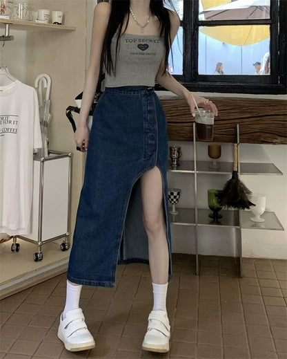 High Rise Washed Asymmetrical Midi Pencil Denim Skirt