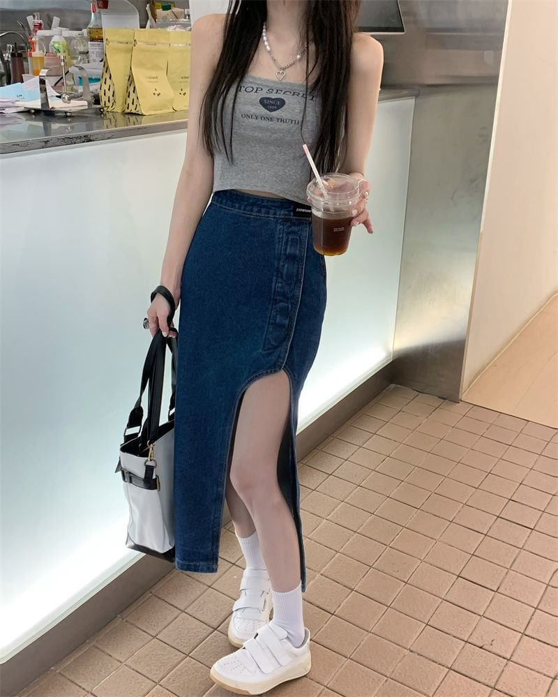 High Rise Washed Asymmetrical Midi Pencil Denim Skirt