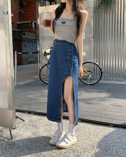 High Rise Washed Asymmetrical Midi Pencil Denim Skirt