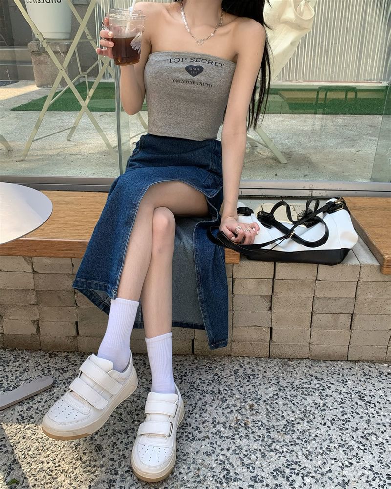 High Rise Washed Asymmetrical Midi Pencil Denim Skirt