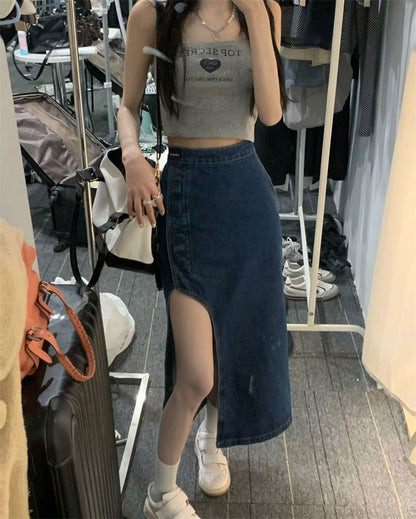High Rise Washed Asymmetrical Midi Pencil Denim Skirt