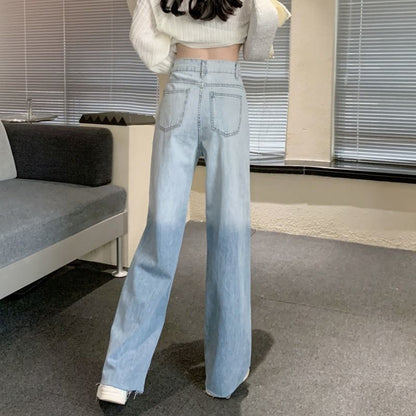 High Waist Gradient Washed Distressed Wide Leg Jeans