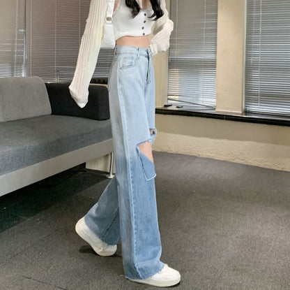 High Waist Gradient Washed Distressed Wide Leg Jeans