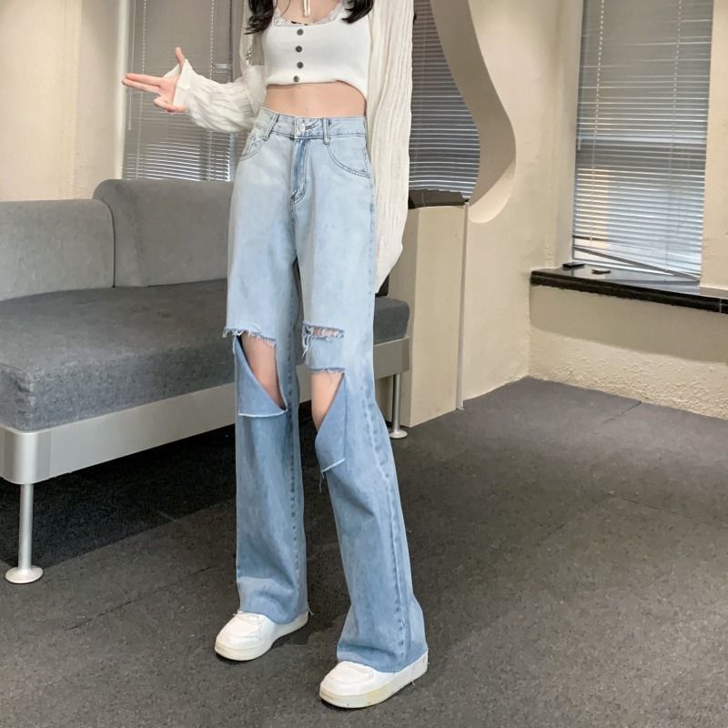 High Waist Gradient Washed Distressed Wide Leg Jeans