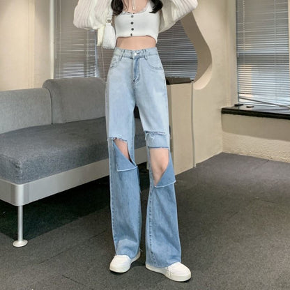 High Waist Gradient Washed Distressed Wide Leg Jeans